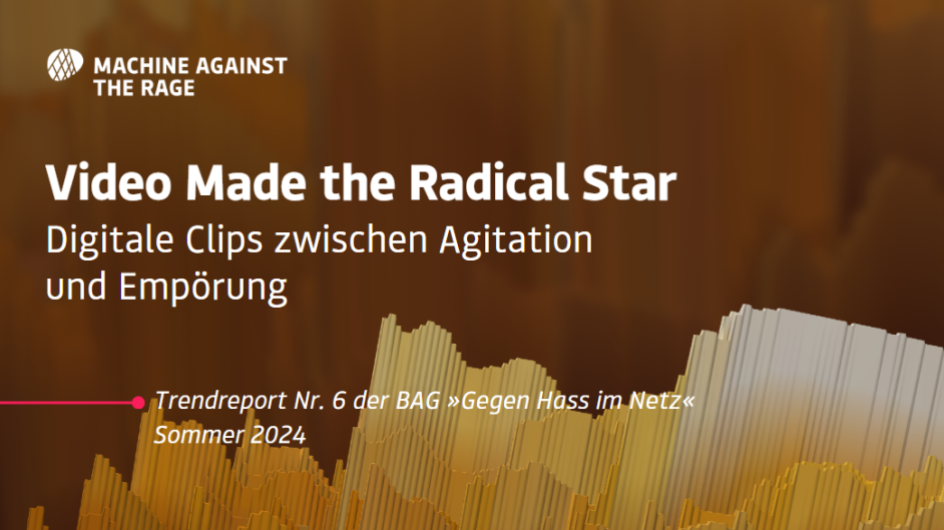 Weißer Schriftzug "Video Made the Radical Star, Digitale Clips zwischen Agitation und Empörung" auf aerodynamischem, gelben Hintergrund, Roter Laser als Designelement