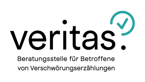 "veritas" Logo mit blauem Hacken in blauem Kreis