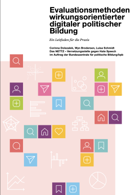 Cover der Publikation „Evaluationsmethoden wirkungsorientierter digitaler politischer Bildung - Ein Leitfaden für die Praxis" mit Illustration