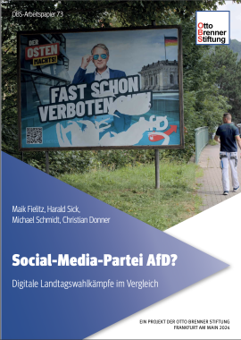 Plakat der AfD, daneben ein Mann; oben rechts in der Ecke das Logo der Otto-Brenner-Stiftung, unten links Auflistung der Autoren der Studie und der Titel "Social-Media-Partei AfD? – Digitale Landtagswahlkämpfe im Vergleich"